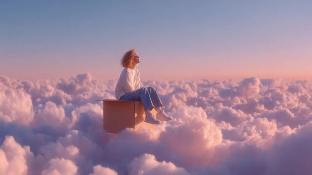 Dreamscape Solitude: A person floats serenely above a sea of fluffy clouds, embracing a moment of introspection, bathed in the soft hues of a dreamlike sunset.