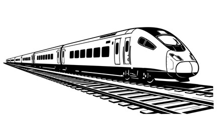 Naklejka premium Vector art of a sleek, modern train races along the tracks in a black and white illustration, , symbolizing speed, travel, and the efficiency of transportation