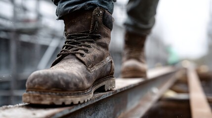 Close up of a construction worker s dirty boots stepping on a steel beam symbolizing hard work and progress