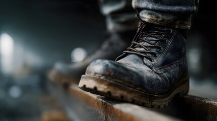 Close up of a worker s worn muddy boots stepping carefully on a rusty steel beam in an industrial setting