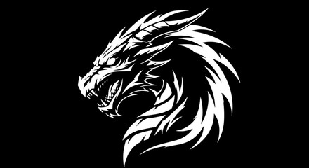 Fototapeta premium Vector art of a striking white dragon head with intricate details, set against a stark, showcasing a powerful and mythical creature in a minimalist yet captivating design