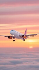 Commercial Airplane Flying Through Pink Hued Sunset Sky Above Fluffy Clouds