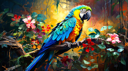 Colorful parrots on a branch in a green tropical forest on a sunny day.