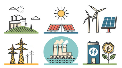 Naklejka premium Energy Generation and Storage Vector Icons – Nuclear, Solar, Wind, Fossil Fuel, Battery, Transmission, Renewable Power Graphics