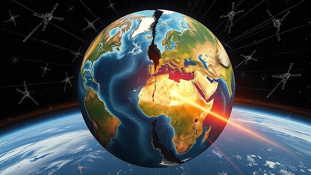 Fractured globe with mismatched seasonal quadrants spinning chaotically amid erratic satellite data.