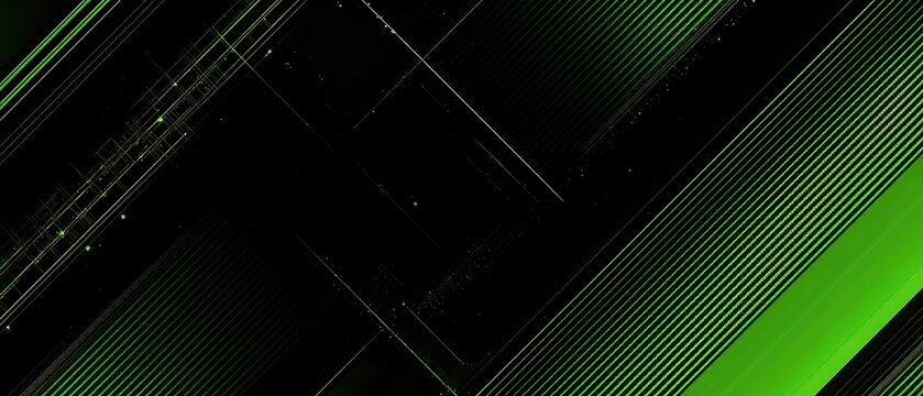 Graphic design template set against a vibrant, neon-lit black and lime  abstract background with a geometric pattern of diagonal line stripes and angular 3D shadows.	