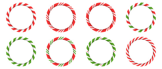 Christmas candy cane stripe border set. Red and green circle frames for holiday cards, banners, and winter design.