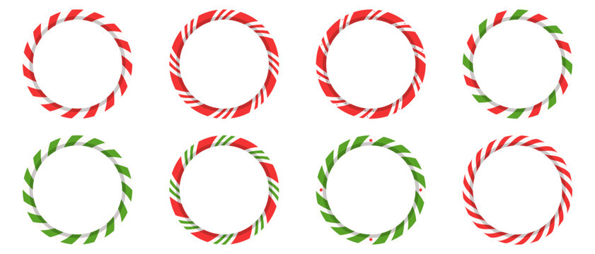 Christmas candy cane stripe border set. Red and green circle frames for holiday cards, banners, and winter design.