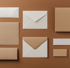 Envelopes and blank cards arranged on brown background