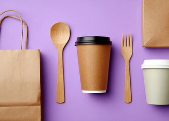 Paper cups and wooden utensils with bag and box on purple background