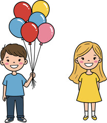 Smiling boy holding colorful balloons standing beside happy girl in yellow dress playful children party celebration vector illustration design