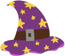 Purple witch hat with yellow stars, cartoon Halloween clipart.
