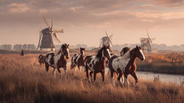 A Painterly Gallop of Pinto Horses Through a Golden Dutch Windmill Landscape.