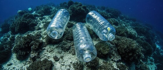 Floating plastic bottles pollute the ocean depths, highlighting underwater environmental damage.	