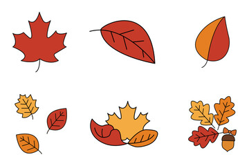 An illustration of colorful autumn leaves, including various shapes and sizes. This artwork evokes the essence of the fall season