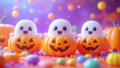 Obraz premium Three cheerful ghost toys sitting on jack-o-lanterns surrounded by colorful candy and beads against a vibrant purple background with a festive Halloween atmosphere.