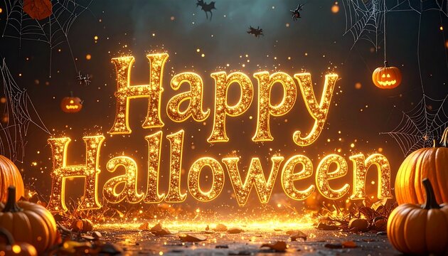Glowing Happy Halloween text surrounded by jack-o-lanterns and spider webs in a spooky night scene
