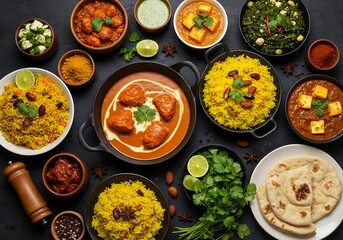 Traditional Indian Cuisine Flat Lay with Butter Chicken, Paneer Curry, Basmati Rice, Naan Bread, Fresh Salad, and Spices on Dark Background