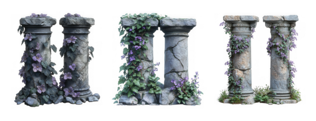 Three pairs of ancient stone columns isolated on transparent background, each adorned with climbing plants, evoking a sense of history and architectural beauty