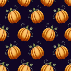 Seamless pattern with orange pumpkins arranged in a repeating design, painted in soft watercolor style. Ideal for autumn, Thanksgiving, and harvest-themed projects.