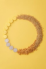 Obraz premium Creative circular arrangement of yellow and silver coins with wheat grains on yellow background, symbolizing agriculture, harvest and economic sustainability