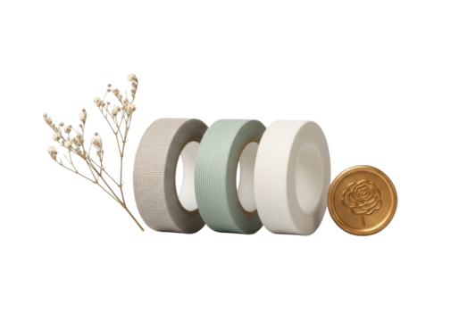 Three premium craft tape rolls (beige linen, sage ribbed, off-white matte), dried floral sprig, golden rose wax seal arranged on transparent, 45-degree view. Concept of sophisticated simplicity