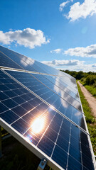 Solar panels under bright sunlight in a simple landscape, representing clean energy, renewable power, sustainable technology, and green electricity generation.Generated by AI