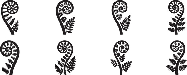 A set of fern leaf swirl silhouette vector illustration