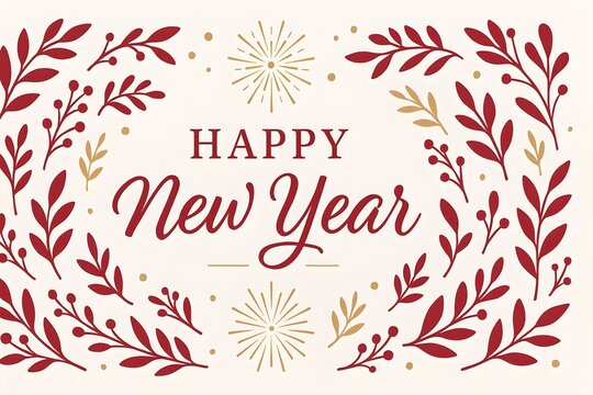 Elegant Happy New Year greeting card with floral wreath, festive sparkles, and calligraphy script.