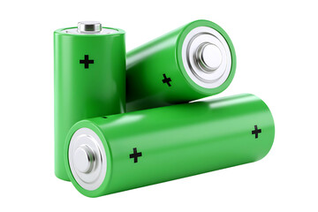Three green aa batteries stacked together isolated on transparent background