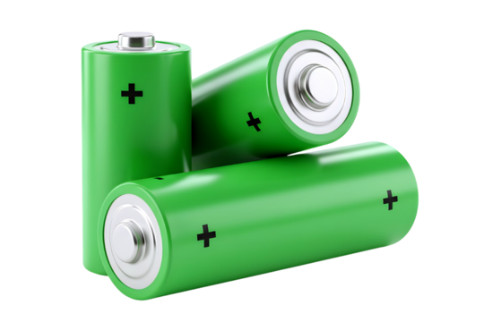 Three green aa batteries stacked together isolated on transparent background