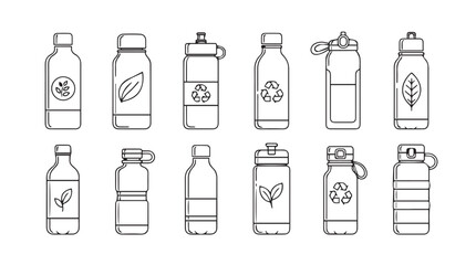 Collection of hand-drawn water bottles and drink containers with various designs and lids vector