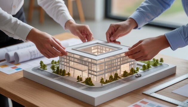 Architects working on a building model in an office. A team of engineers reviewing a lit miniature structure with blueprints on a wooden desk. - Powered by Adobe
