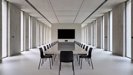 modern meeting room with concrete walls and a long stone table. Empty boardroom with minimalist chairs and a screen for a presentation.