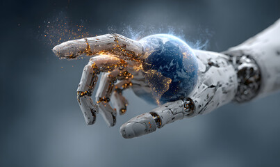 Robot hand finger holding blue color element design graphic ai artificial intelligence futuristic science digital circle round earth worldwide global business ai artificial intelligence robotic auto