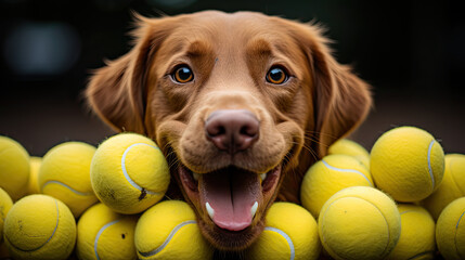 happy dog with mouthful of tennis balls, its playful spirit and joy. vibrant yellow balls contrast beautifully with dog warm fur, creating delightful scene