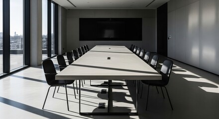 sunlit boardroom with a concrete table and a view of the city. Modern office conference space with shadows, ready for a business meeting.