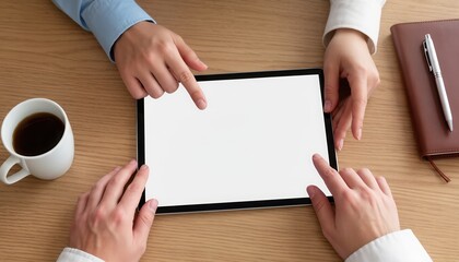 Team at a desk with a tablet, discussing a project. Coworkers collaborating in an office meeting with coffee and a notebook on the table.