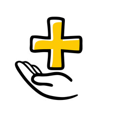 Obraz premium A hand cradling a yellow medical cross icon, drawn in a simple, sketchy style. Ideal for websites or blogs about health, first aid, care, support, or charity.