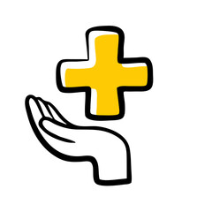 Obraz premium A hand cradling a yellow medical cross icon, drawn in a simple, sketchy style. Ideal for websites or blogs about health, first aid, care, support, or charity.