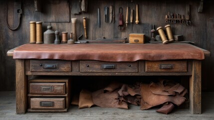Rustic leather workshop with wooden table, tools on wall, and leather pieces for crafting and design, showcasing craftsmanship and artistry in a warm atmosphere.