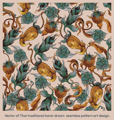 Thai Ornamental Gold and Blue Seamless Pattern