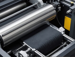 offset press, point between blanket cylinder and impression cylinder on a high-speed offset press, advanced printing press mechanism, gleaming metallic rollers.
