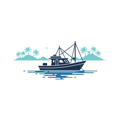 A dark blue fishing boat is anchored in calm blue water with a tropical island and palm trees in the background.