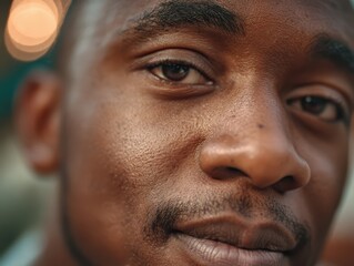 Obraz premium Close-up of a man's face with smooth skin, focused eyes, and a gentle expression. Details of facial features like eyebrows and lips are sharp, with warm, diffused lighting enhancing depth