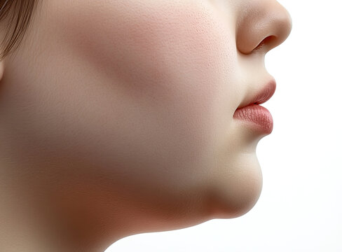 close up view of smooth, youthful double chin face highlighting cheek and lips, natural skin texture and soft features. image evokes sense of calm and beauty