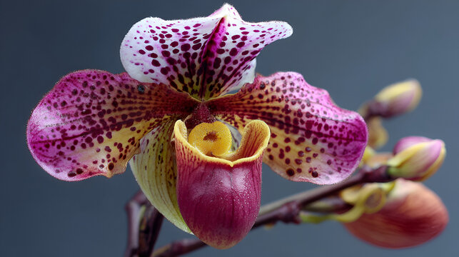 Paphiopedilum orchid with spotted petals  a pouchshaped structure on a gray backdrop