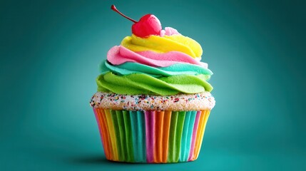 Rainbow cupcake with cherry: vibrant frosting, colorful sprinkles, dessert art