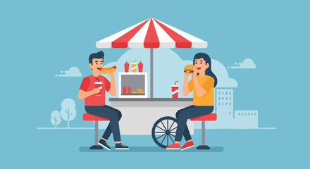 Adobe illustrator artwork vector illustration: Happy couple enjoys hot dogs and pretzels at a street food stand in the city, perfect for urban lifestyle and casual dining themes