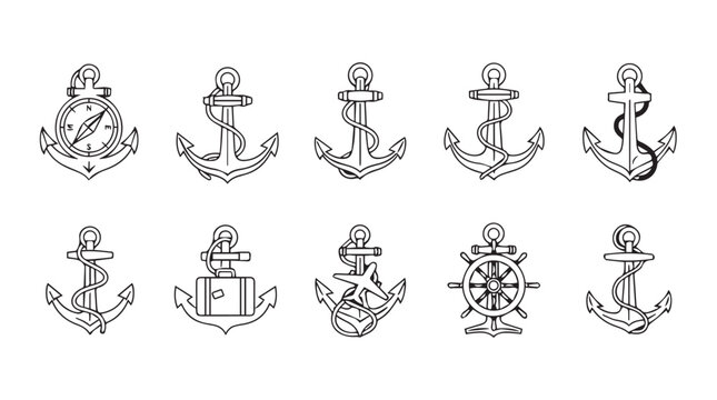 Collection of nautical anchor designs in sketch style for maritime themes vector